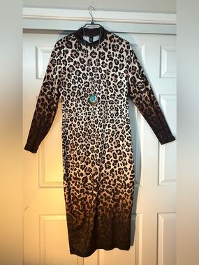 Plus Size Leopard Print Long Sleeve Midi Dress - Neutral Brown